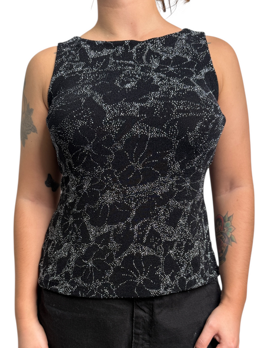 Y2K Alex Top Negro Con Flores Brillantes - Talla L