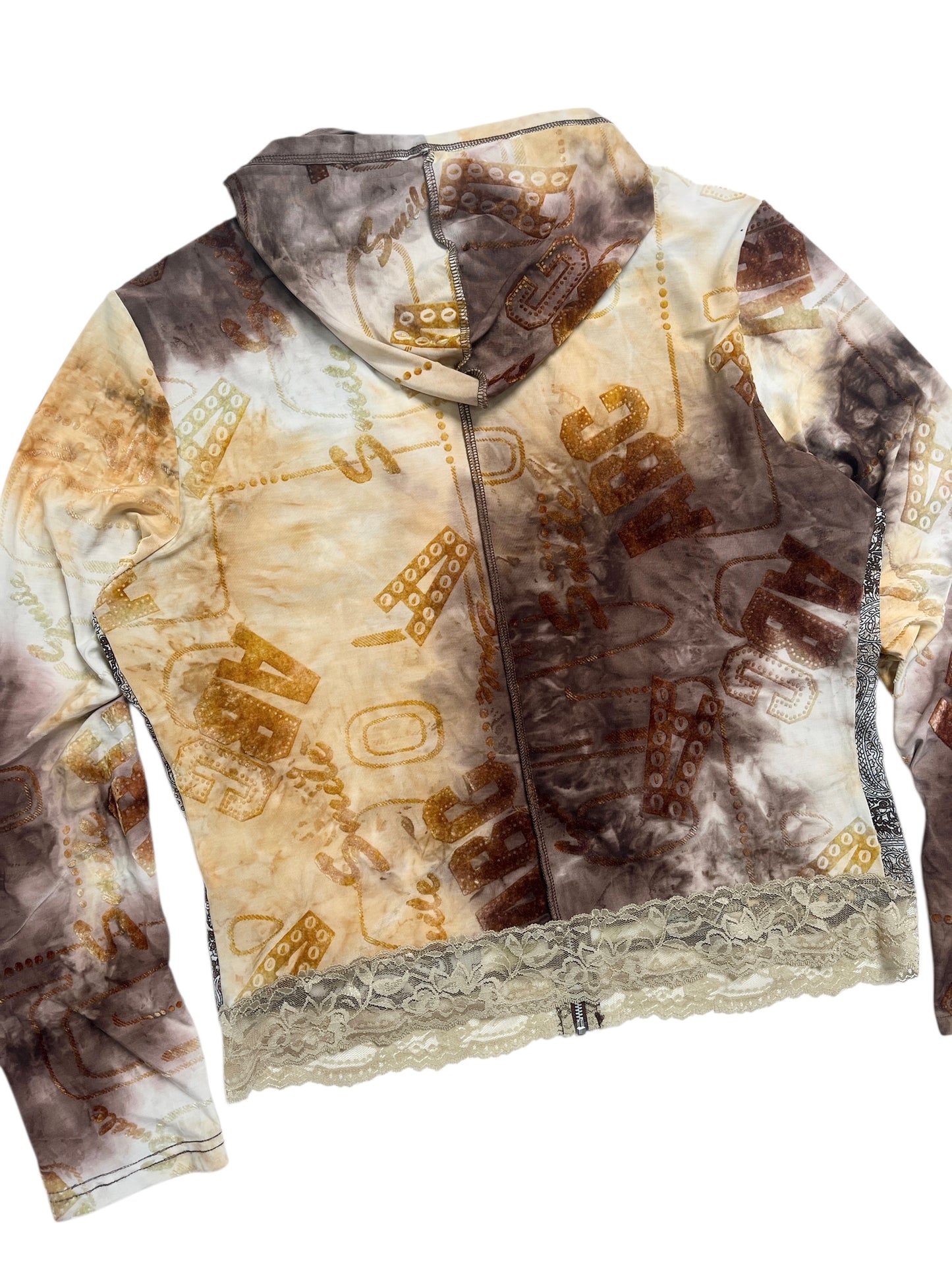 Y2K Jaipur Zip-Up Hoodie Top (Brown Patchwork) - Talla M