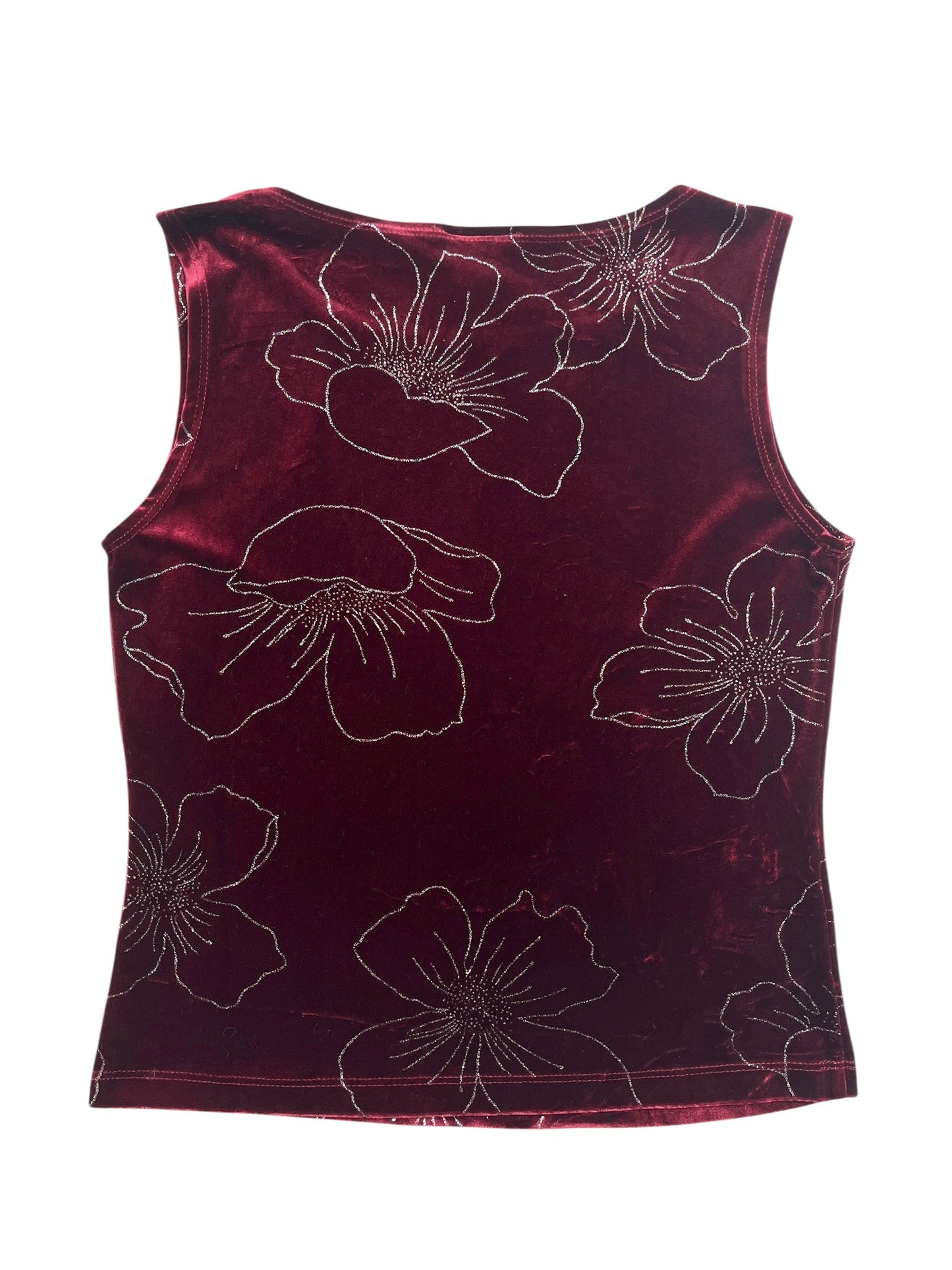 Y2K J.T.B Top Tank Tercio Pelo Color Vino, Diseño Floral con brillo- Talla S/M