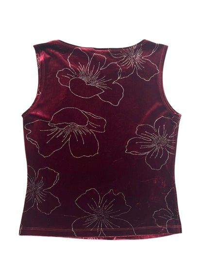 Y2K J.T.B Top Tank Tercio Pelo Color Vino, Diseño Floral con brillo- Talla S/M