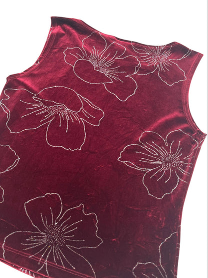 Y2K J.T.B Top Tank Tercio Pelo Color Vino, Diseño Floral con brillo- Talla S/M