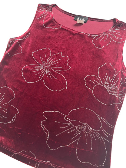 Y2K J.T.B Top Tank Tercio Pelo Color Vino, Diseño Floral con brillo- Talla S/M