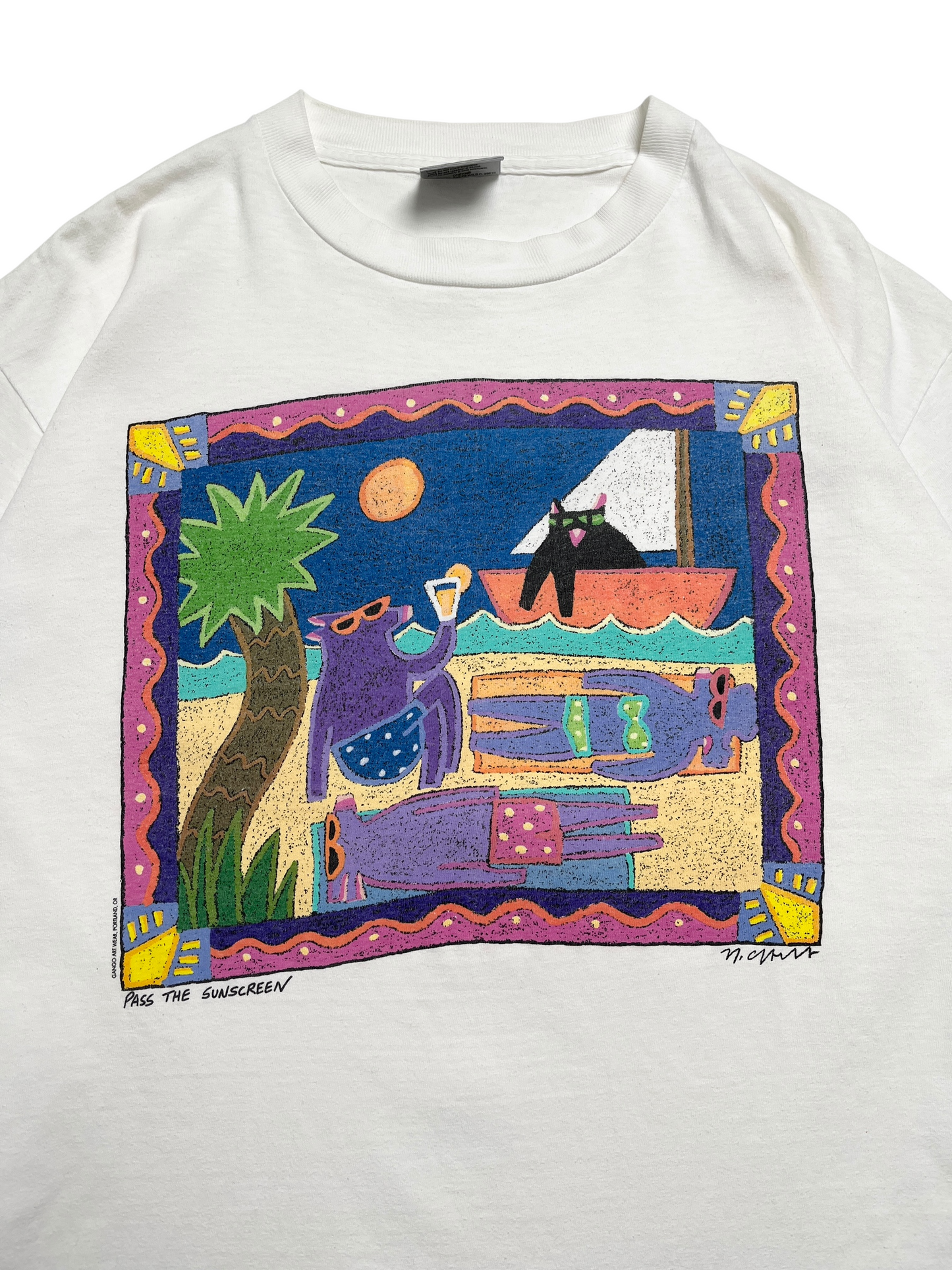 1990s Pass the sunscreen Art T-shirt - Talla L