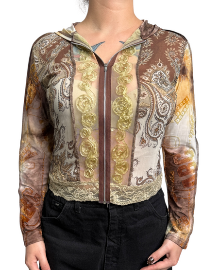 Y2K Jaipur Zip-Up Hoodie Top (Brown Patchwork) - Talla M