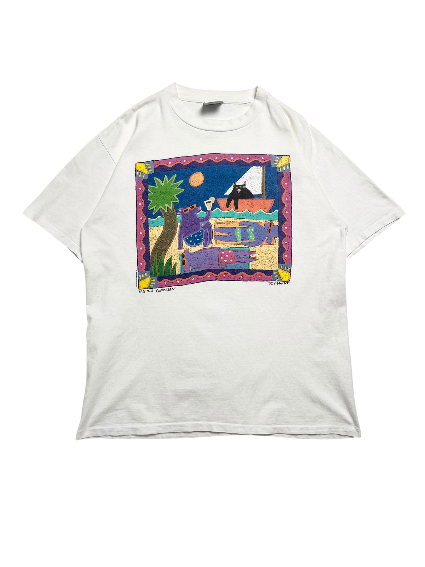 1990s Pass the sunscreen Art T-shirt - Talla L