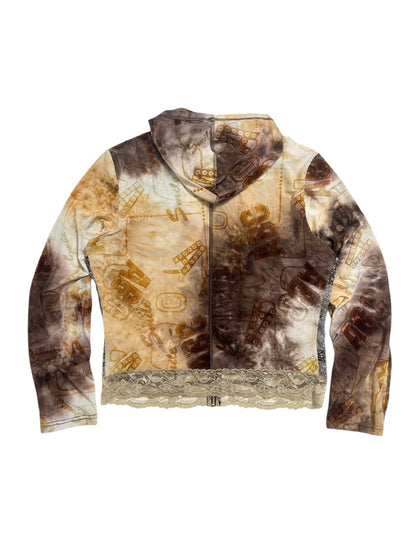 Y2K Jaipur Zip-Up Hoodie Top (Brown Patchwork) - Talla M