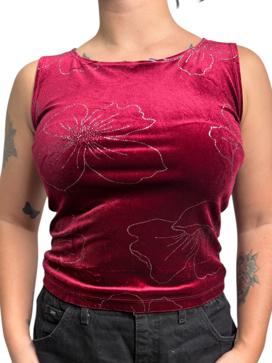 Y2K J.T.B Top Tank Tercio Pelo Color Vino, Diseño Floral con brillo- Talla S/M