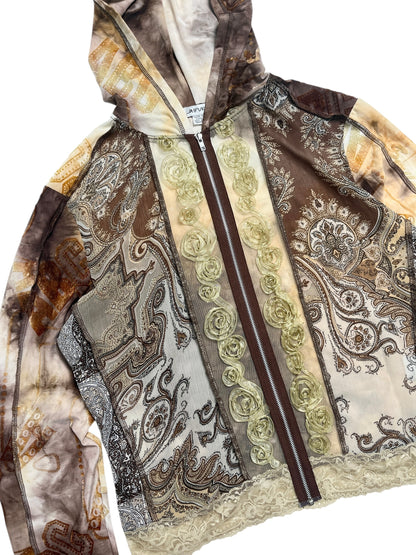 Y2K Jaipur Zip-Up Hoodie Top (Brown Patchwork) - Talla M
