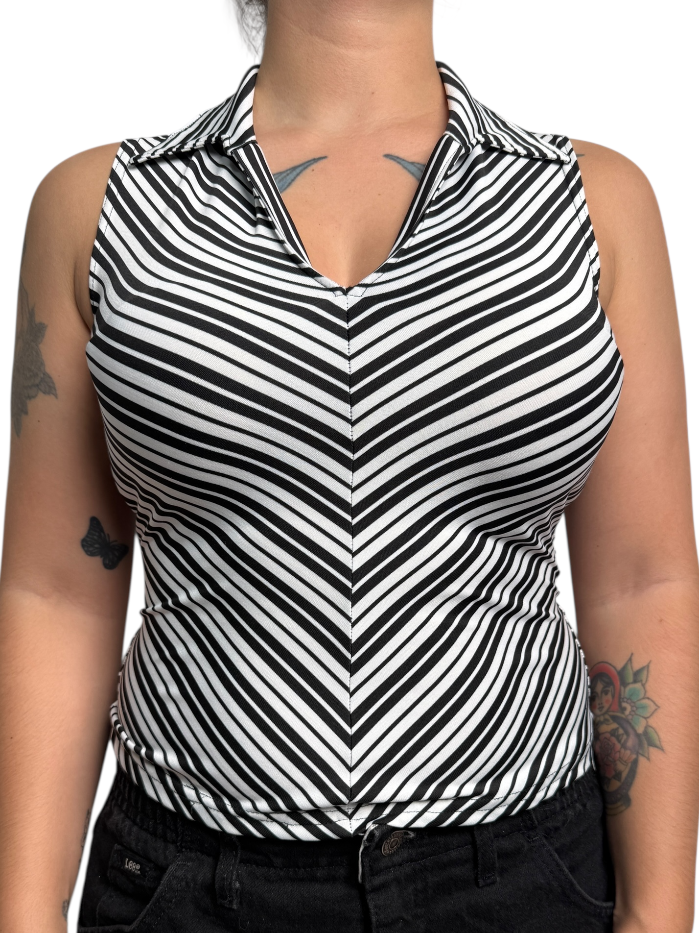 Y2K Byer California Top Tank Estilo Polo (Rayas blanco/negro) - Talla S/M