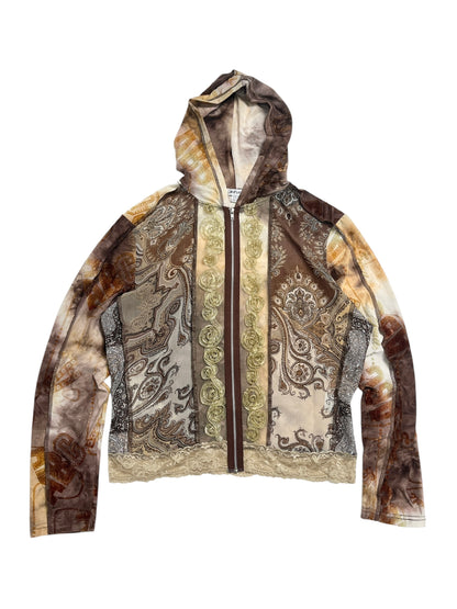 Y2K Jaipur Zip-Up Hoodie Top (Brown Patchwork) - Talla M