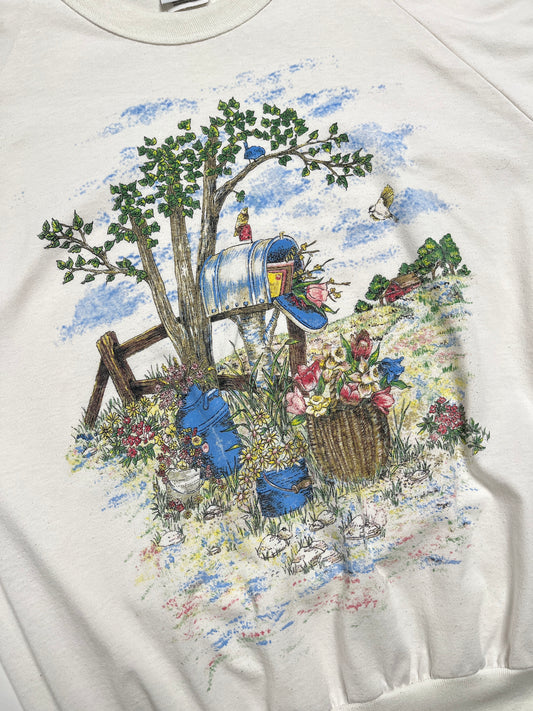 1990s Basic Editions Arte Suéter Manga Corta Blanco - Talla L/XL