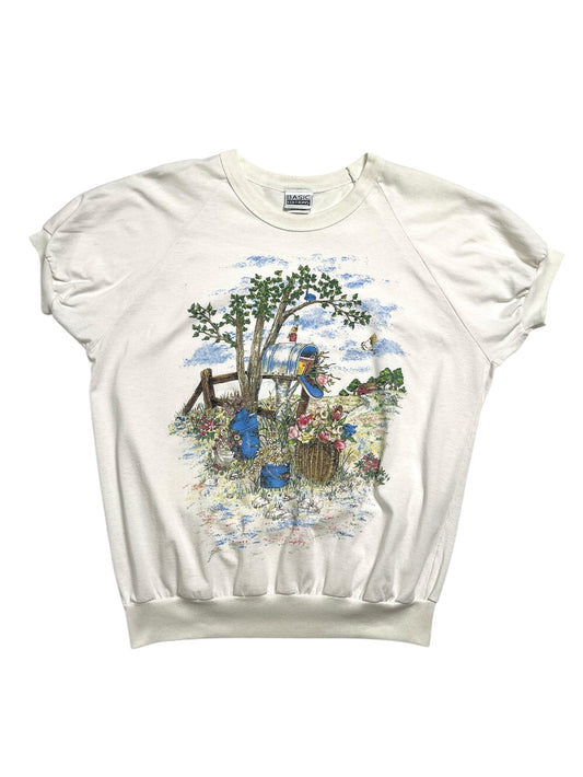 1990s Basic Editions Arte Suéter Manga Corta Blanco - Talla L/XL